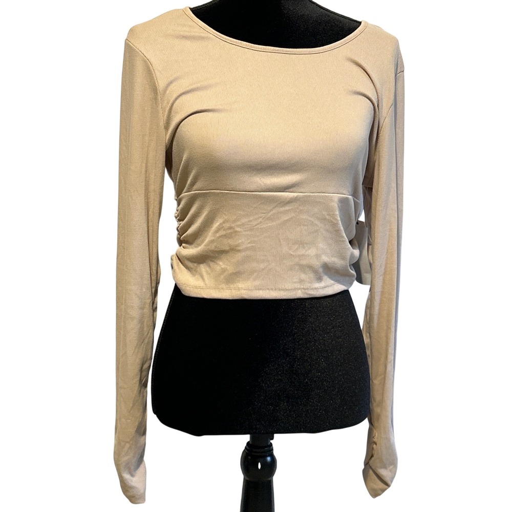 Ultra Flirt Womens Tan Ribbed Open Back Tie Crop Top Long Sleeve XL Date Night
